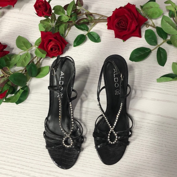 Aldo Black & Rhinestone Strappy Heels - Picture 1 of 8